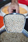 A hand holding a scoop of bulgar wheat at a market stall