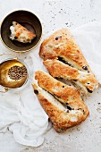 Olive bread and a bowl of peppercorns