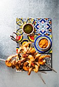 Chicken and prawn skewers with dips