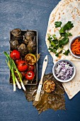 Stuffed vine leaves with grilled tomatoes and spring onions