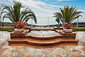 High angle view of pool and fountain