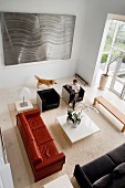 Blick von Oben auf Mann & Hund in grosszügigem modernem Wohnzimmer mit hohen Wänden