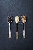 Various types of sesame seeds on three spoons