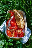 A pollack and tomato sandwich in a picnic tin