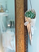 Succulents wrapped in paper cone hanging from gilt frame