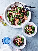 Red rice with salmon, broccoli and slivered almonds