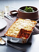 Veal and pork lasagne in a roasting dish