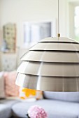 Pendant lamp with metal lampshade made from stainless steel hoops