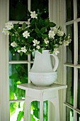 White china jug of jasmine on flower stand