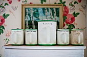White, retro, china storage jars with green rims