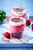 Raspberry and lemon sorbet on chocolate cake served in glasses