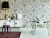 Floral wallpaper in dining room
