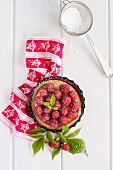 Raspberry and mascarpone tartlet with mint in a tartlet tin