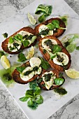 Grilled bread topped with goats cheese, pesto and basil