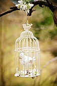 Hen ornament in nostalgic birdcage & snowdrops hanging from tree