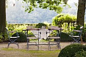 Shady seating area on terrace with table and armchairs below trees