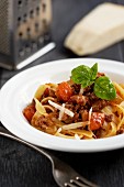 Tagliatelle with a minced meat ragout and tomatoes