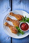 Spicy, breaded chicken legs with ketchup
