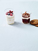 Yoghurt cream with berries, and cherry dessert with cookies