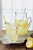 Sparkling thyme lemonade with fresh lemon, thyme syrup and mineral water