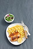 Grilled Barbecued Chicken with French Fries