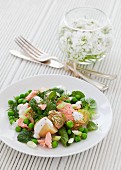 A salad of salmon, new potatoes, peas, fresh mint and dill with a yoghurt dressing
