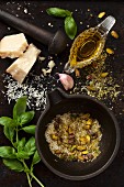 Ingredients for making pistachio pesto