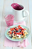 Fusilli with blueberries, strawberries and Greek yoghurt