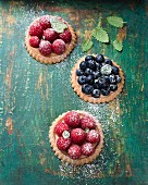 Raspberry tartlets and blueberry tartlets with icing sugar