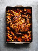 Slow-roasted pepper chicken with butternut squash, beans and tomatoes