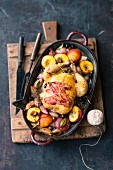 Corn-fed chicken with peaches and shallots