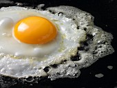 A fried egg in a black pan (close-up)