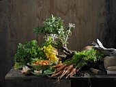 Stillleben mit frisch geerntetem Grünkohl und Karotten und einer Schüssel Karottensuppe