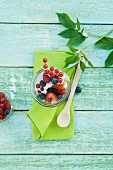 Yoghurt with fresh fruits (strawberries, redcurrants, blackberries, raspberries, blueberries)
