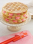 A waffle tower filled with two different coloured creams