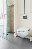 A shower-toilet next to a floor-level, tiled shower with a glass partition wall