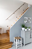 Potted plants on cabinet and stool against grey-painted side wall of wooden staircase