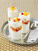 Rice pudding with peaches and strawberries