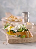 Poached egg on a slice of French bread topped with spinach, pepper and cress with aioli, potato crisps and a salt shaker in the background
