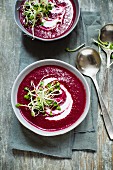 Beetroot soup with bean sprouts