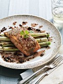 Salmon with a nut and herb coating and red wine sauce on a bed of spring onions