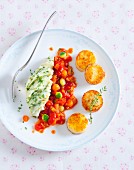 Haloumi medallions with mashed parsley potatoes and a tomato medley