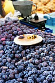 Fresh damsons at a market with pieces on a wooden board to taste