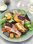 Roasted sweet potatoes with beetroot and Parma ham