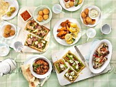 Picknick-Buffet mit Reisbällchen, scharfen Hähnchenflügeln, Fischfrikadellen, Ratatouille, Rippchen, Gemüsekuchen, Fladenbrot, Falafel