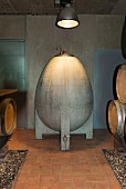 An egg shaped concrete container in a wine cellar at Weingut am Stein, Würzburg