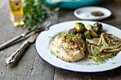 Grilled cod with tartar sauce, roasted fennel and Brussels sprouts