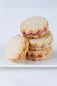 A stack of jammy shortbread biscuits