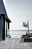 Tree planted in wooden deck adjoining house with panoramic ocean view