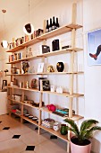 Various ornaments and books on open, wooden shelves in living area